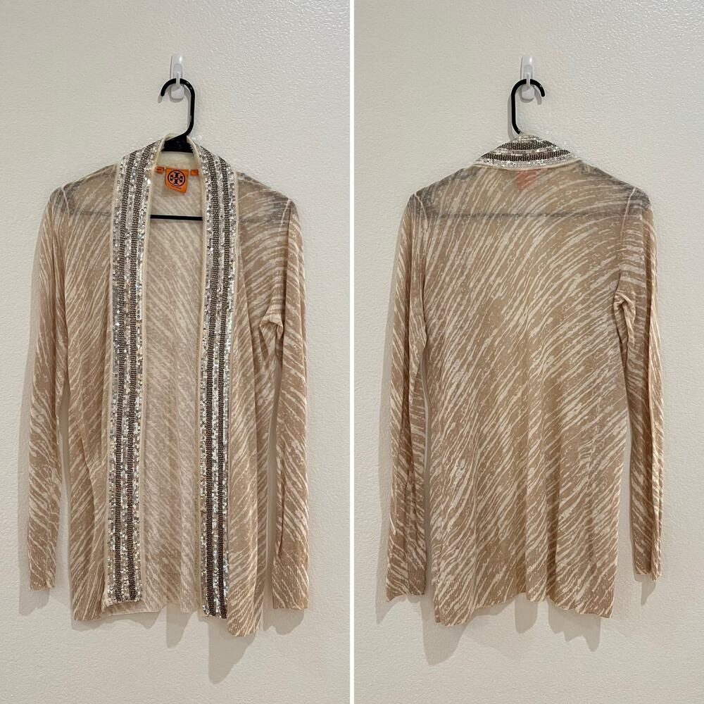 Tory Burch Tan White Stripe Open Front Sequin Trim Linen Cardigan Size Small